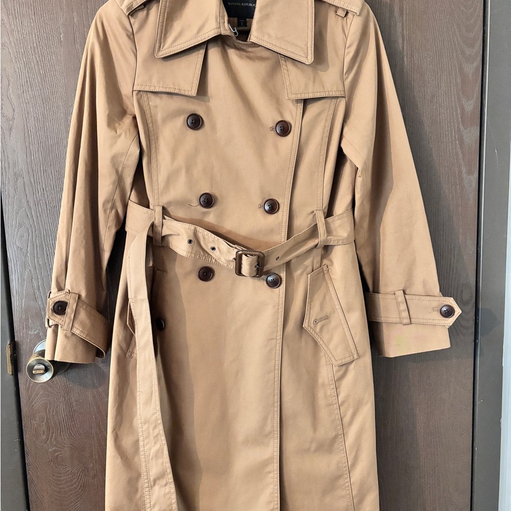 Banana Republic Camel Double-Breasted Trench Coat, Petite Small